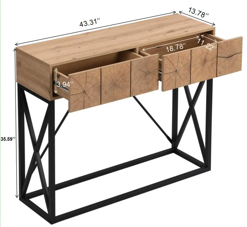 43.31'' Luxury Wood Sofa Table, Industrial Console Table with 2 Drawers for Entryway