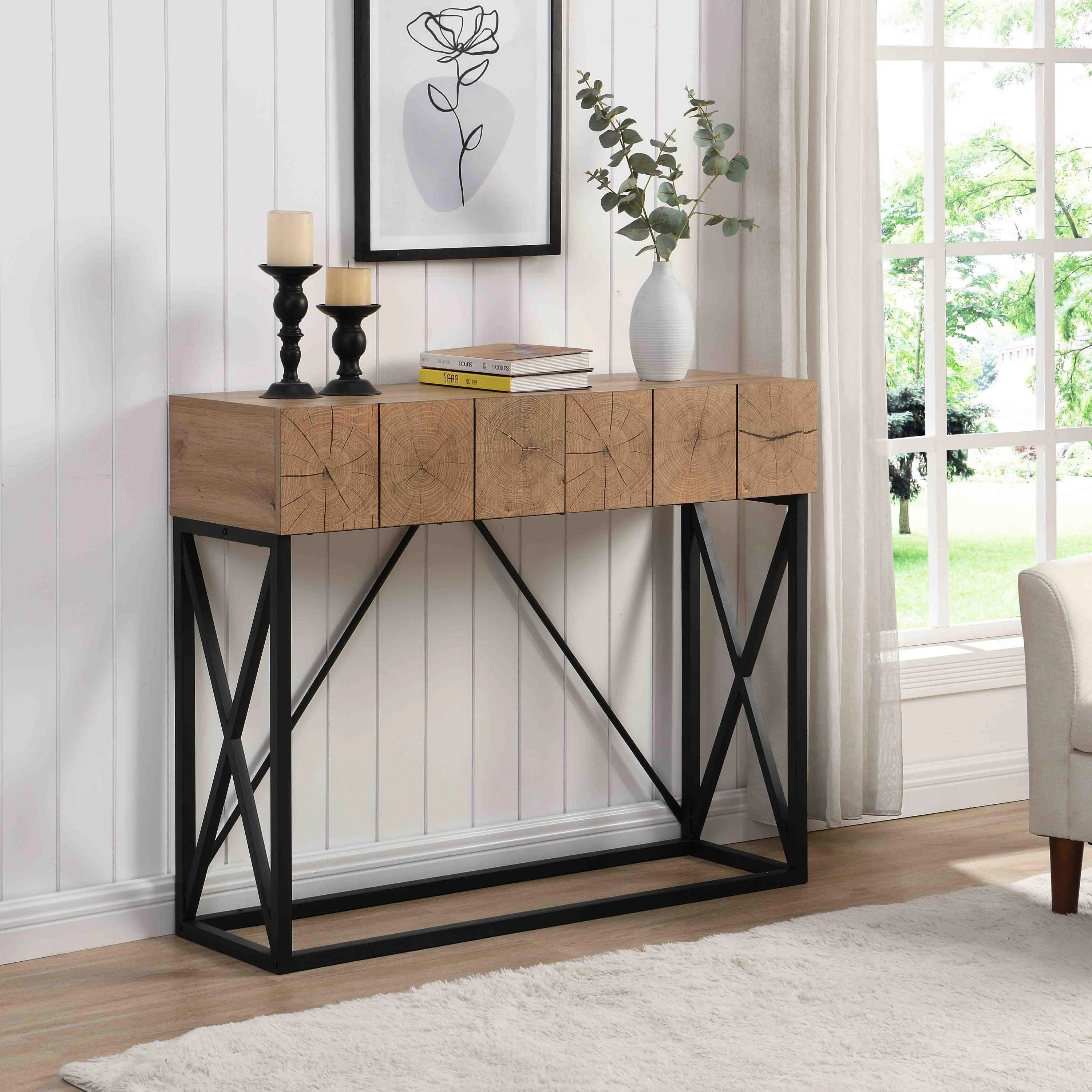 43.31'' Luxury Wood Sofa Table, Industrial Console Table with 2 Drawers for Entryway