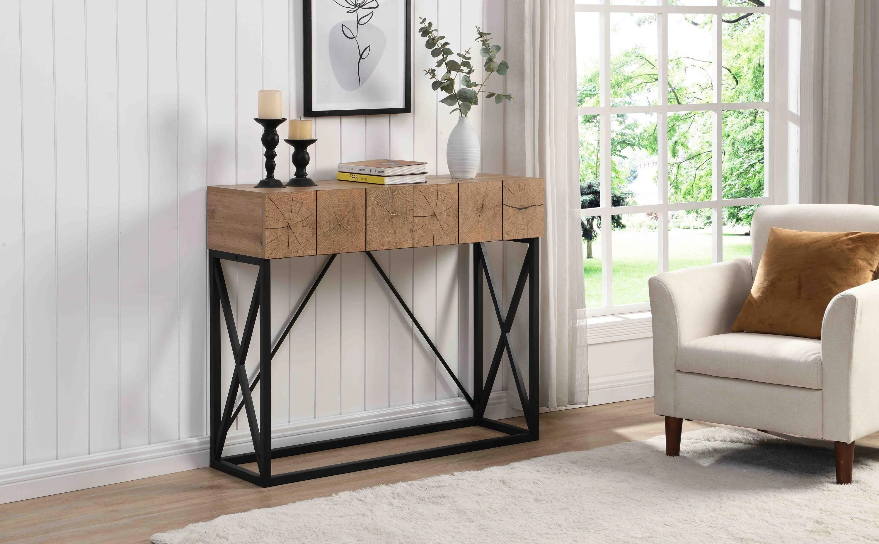 43.31'' Luxury Wood Sofa Table, Industrial Console Table with 2 Drawers for Entryway