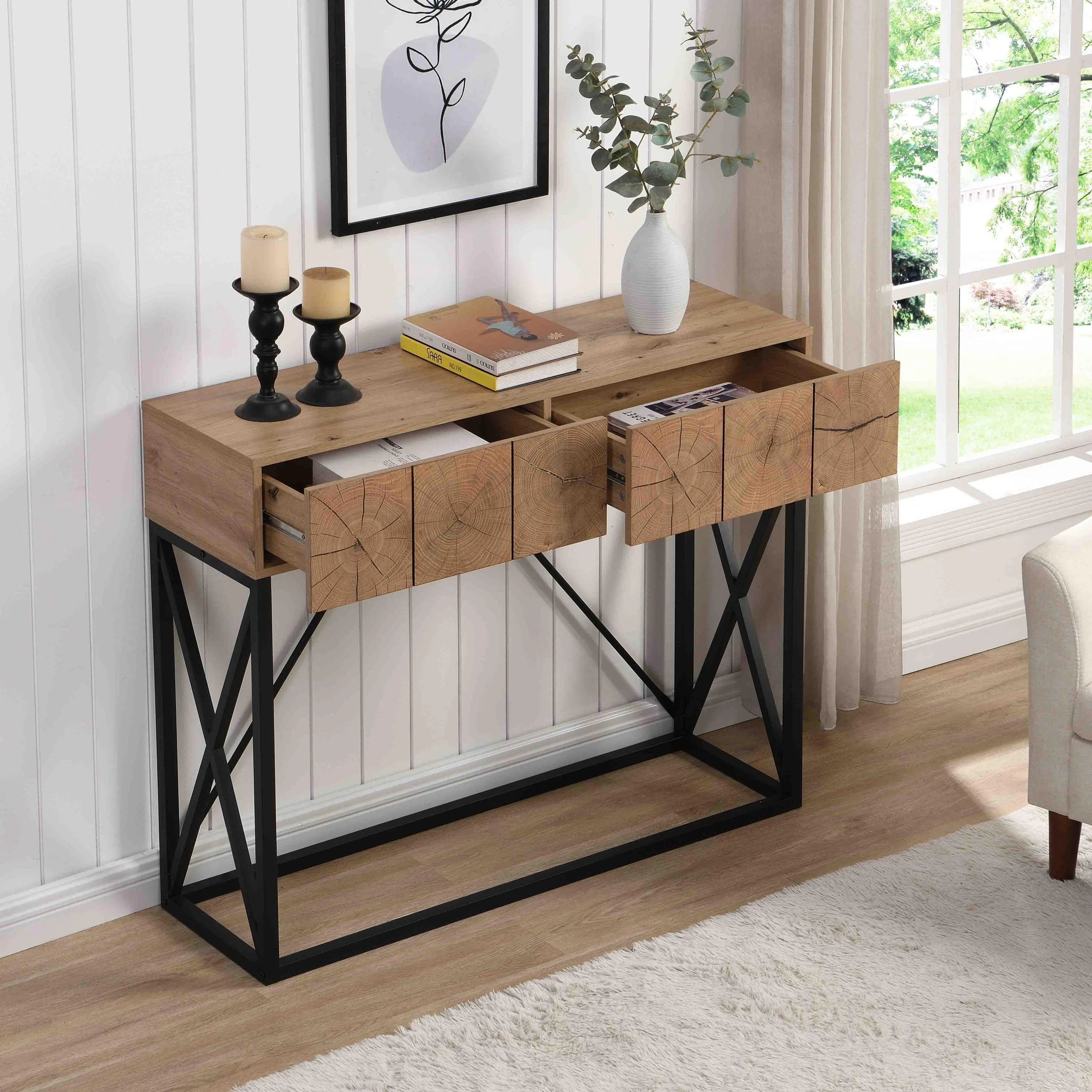 43.31'' Luxury Wood Sofa Table, Industrial Console Table with 2 Drawers for Entryway