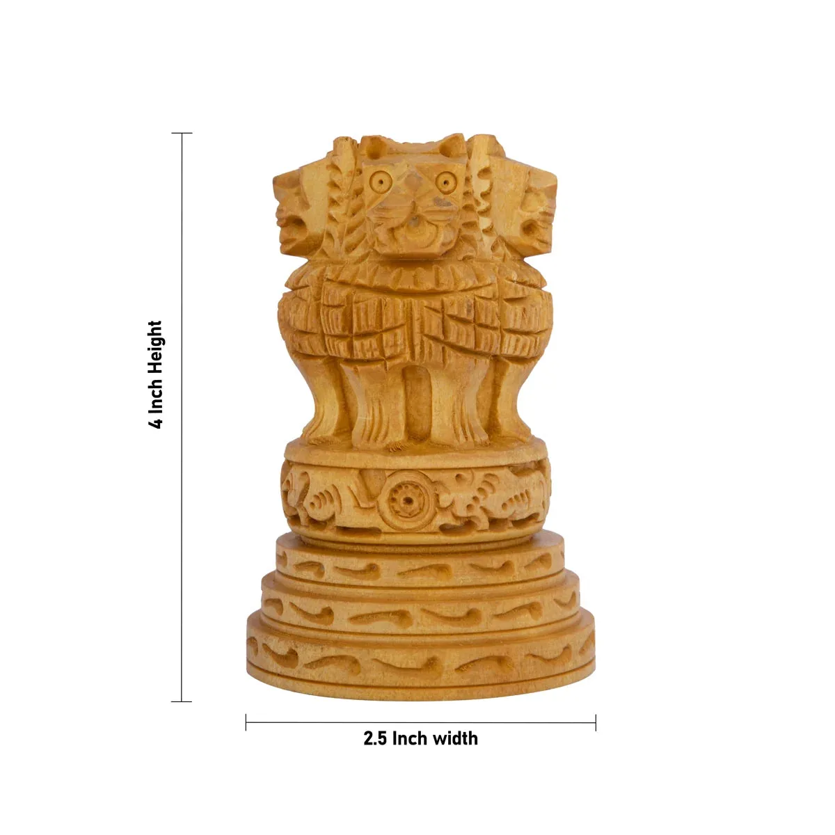 Ashoka Pillar Sculpture - 4 x 2.5 Inches | Wooden Ashoka Emblem/ Ashok Head Idol for Home Decor