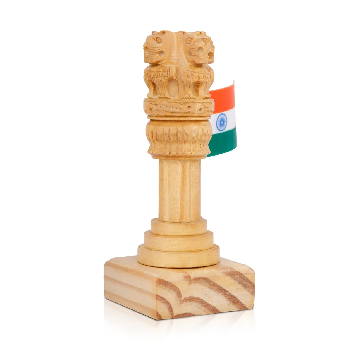 Ashoka Pillar Statue with Flag - 5 x 2 Inches | Wooden Statue/ Ashoka Pillar Idol for Home Decor