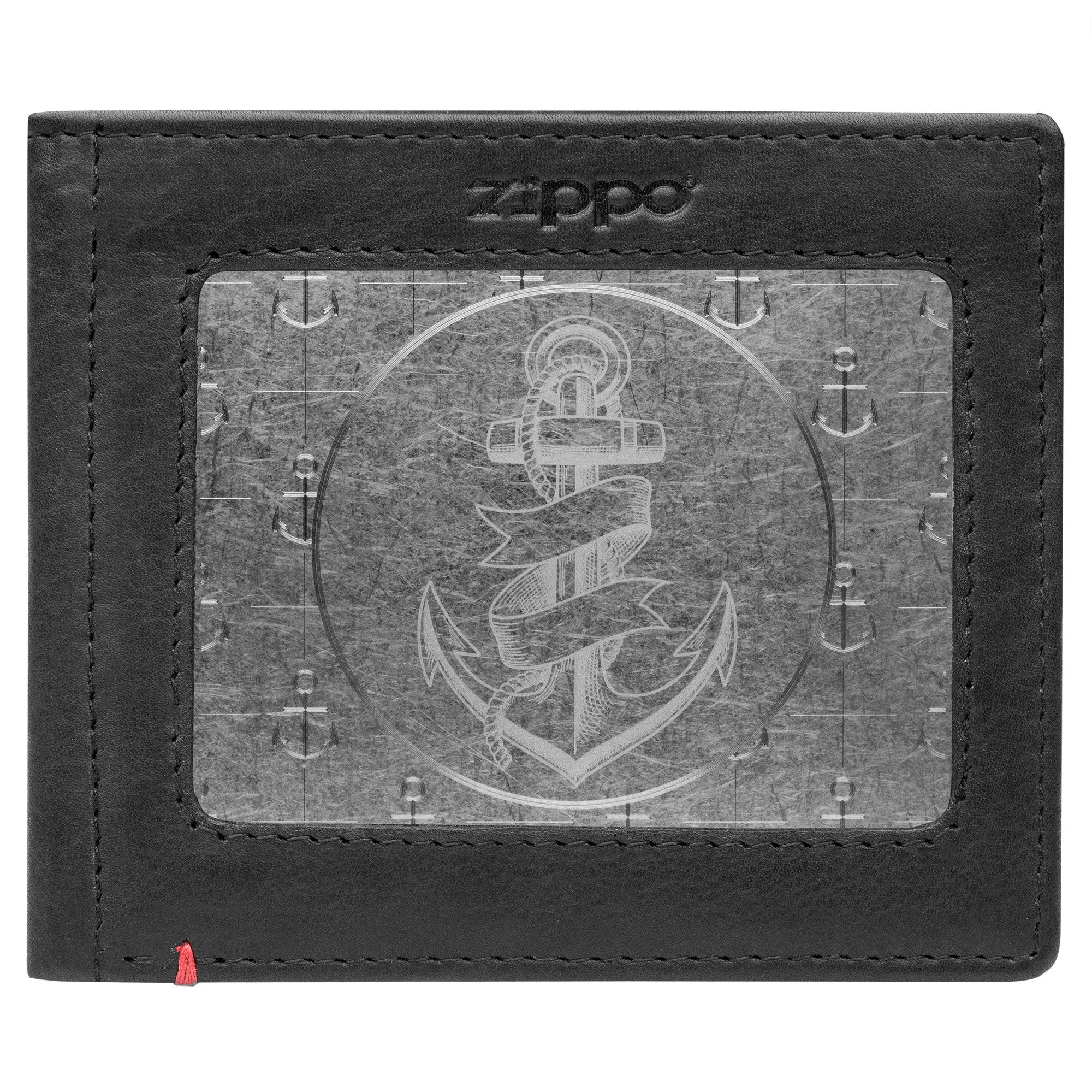 Black Leather Wallet- Anchor Metal Plate Design