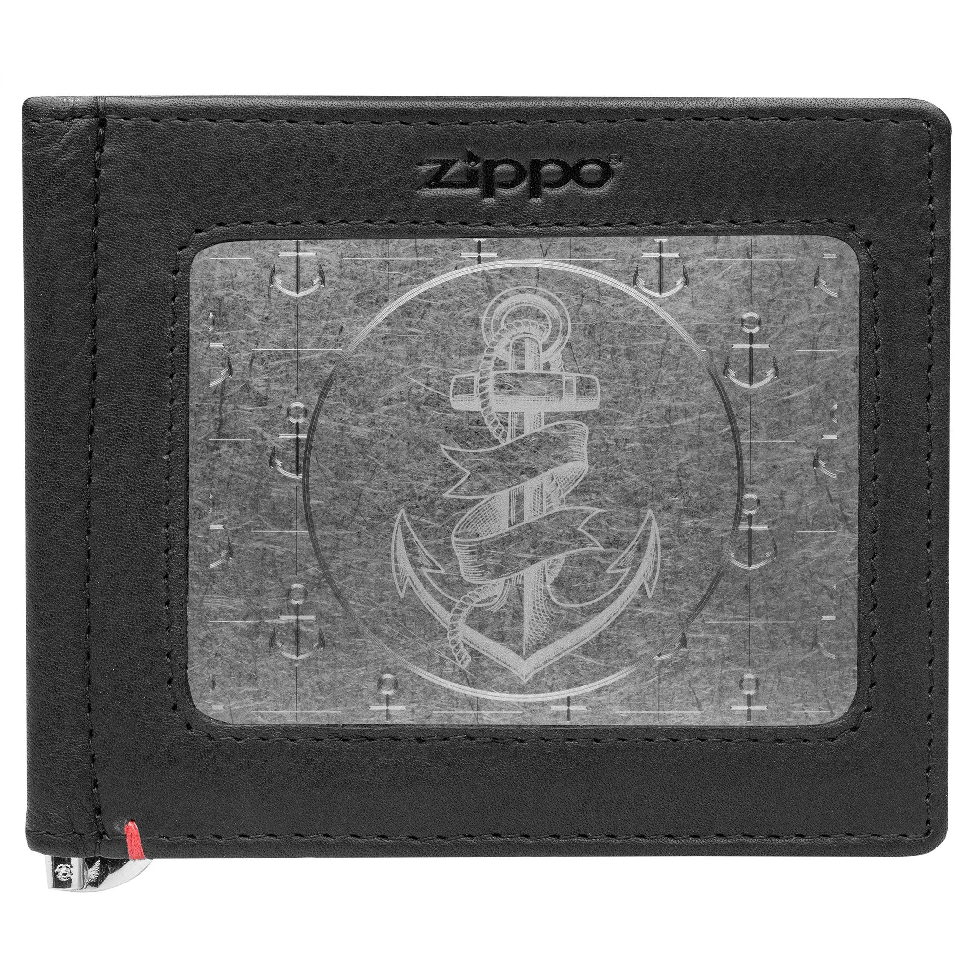 Black Leather Wallet- Anchor Metal Plate Design