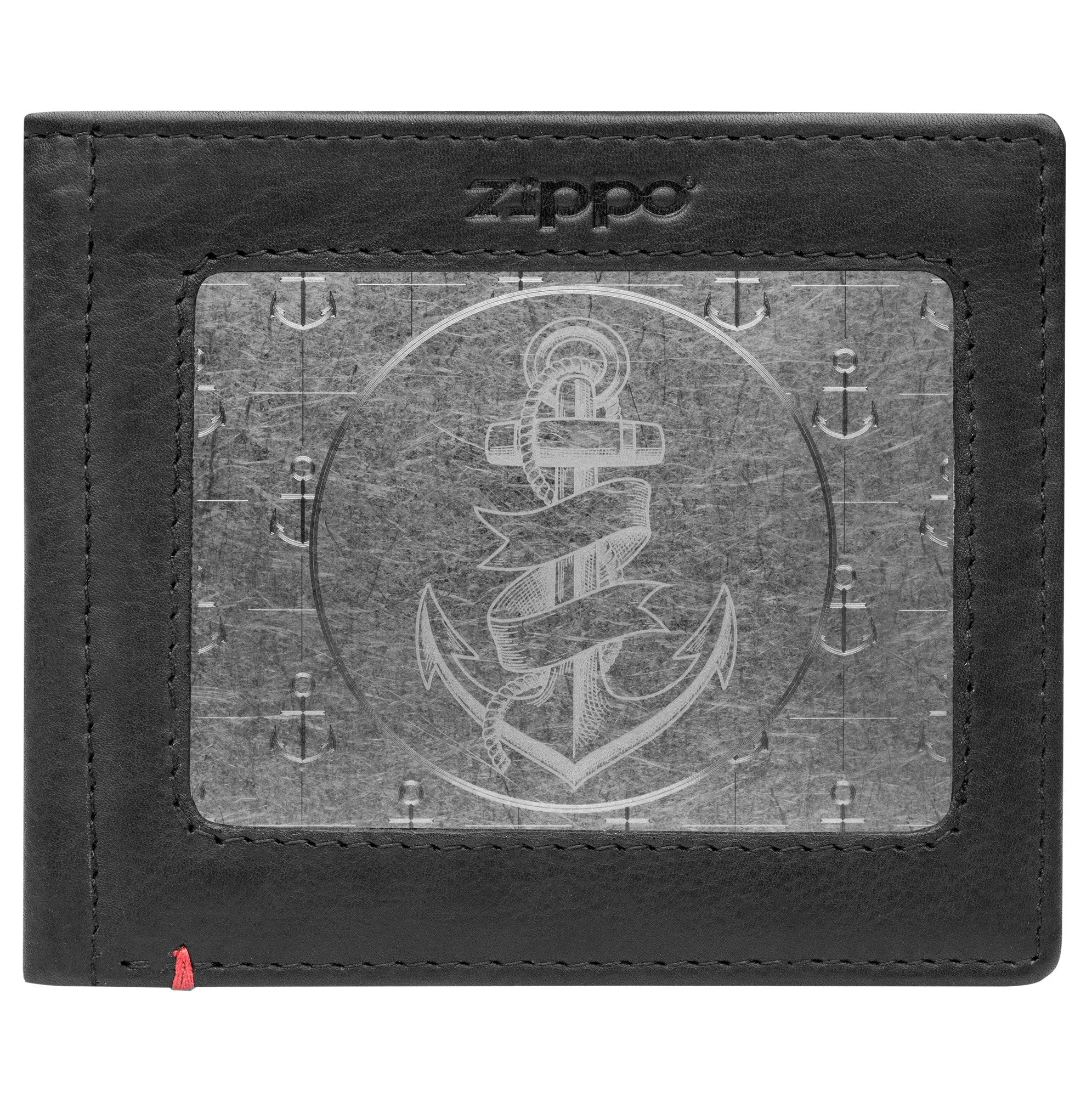 Black Leather Wallet- Anchor Metal Plate Design