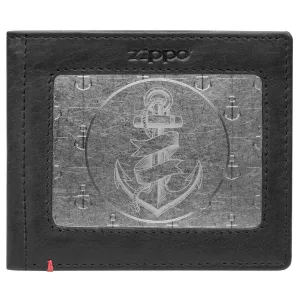 Black Leather Wallet- Anchor Metal Plate Design