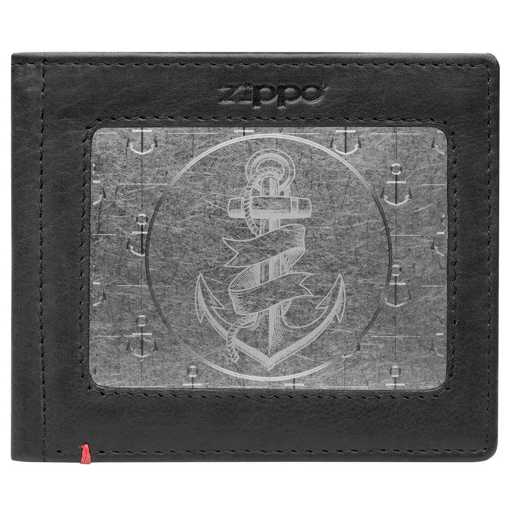 Black Leather Wallet- Anchor Metal Plate Design