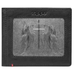 Black Leather Wallet- Cross Wings Metal Plate Design