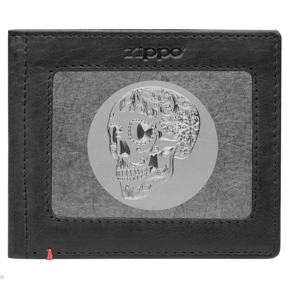 Black Leather Wallet- Skull Metal Plate Design