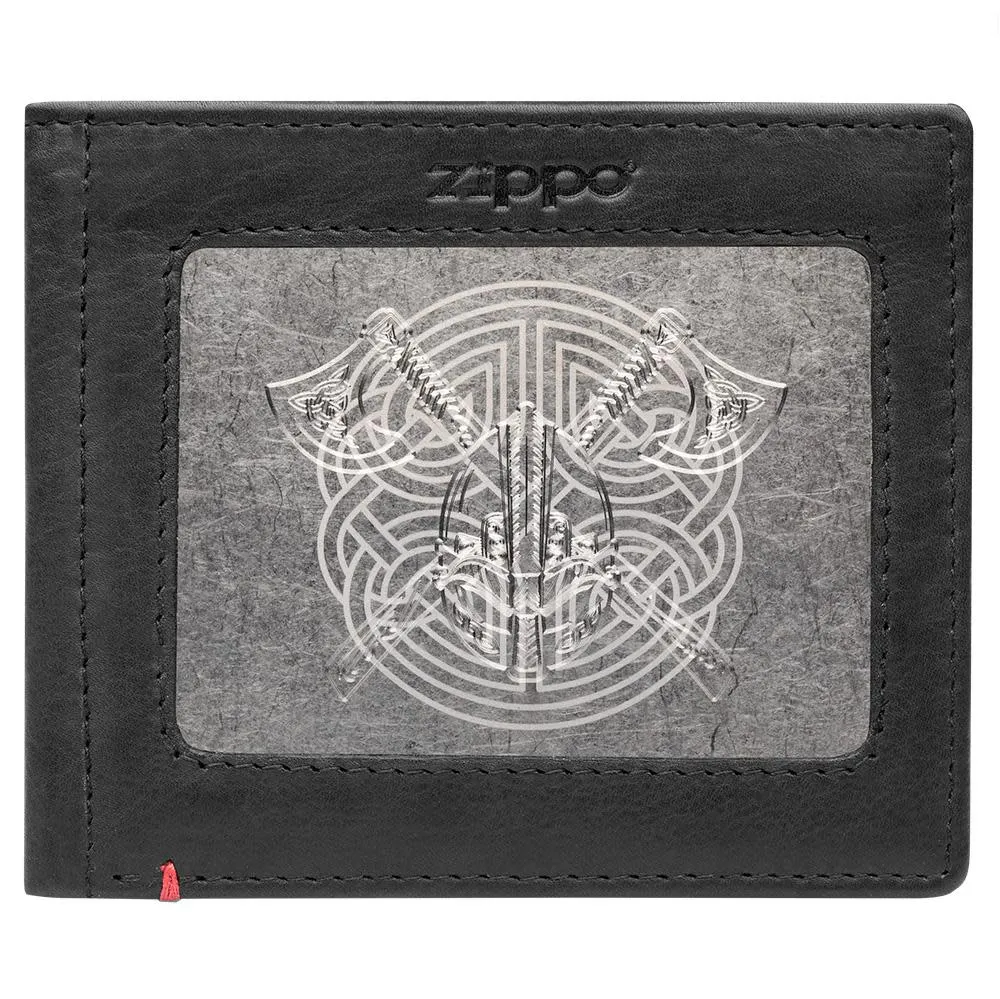 Black Leather Wallet- Viking Metal Plate Design