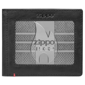 Black Leather Wallet- Zippo 1932 Metal Plate Design