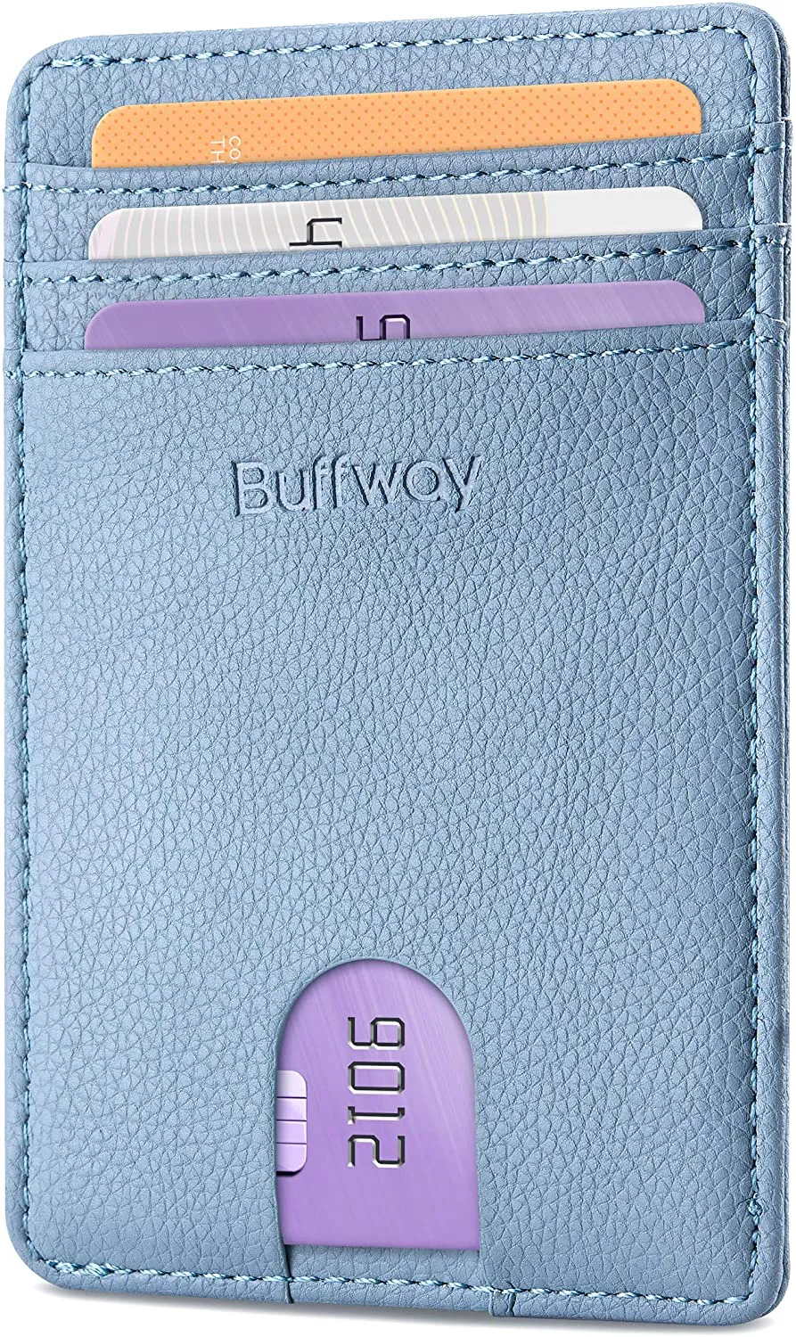 Buffway Mens Slim Wallet, Minimalist Thin Front Pocket Leather Credit Card Holder with RFID Blocking for Work Travel