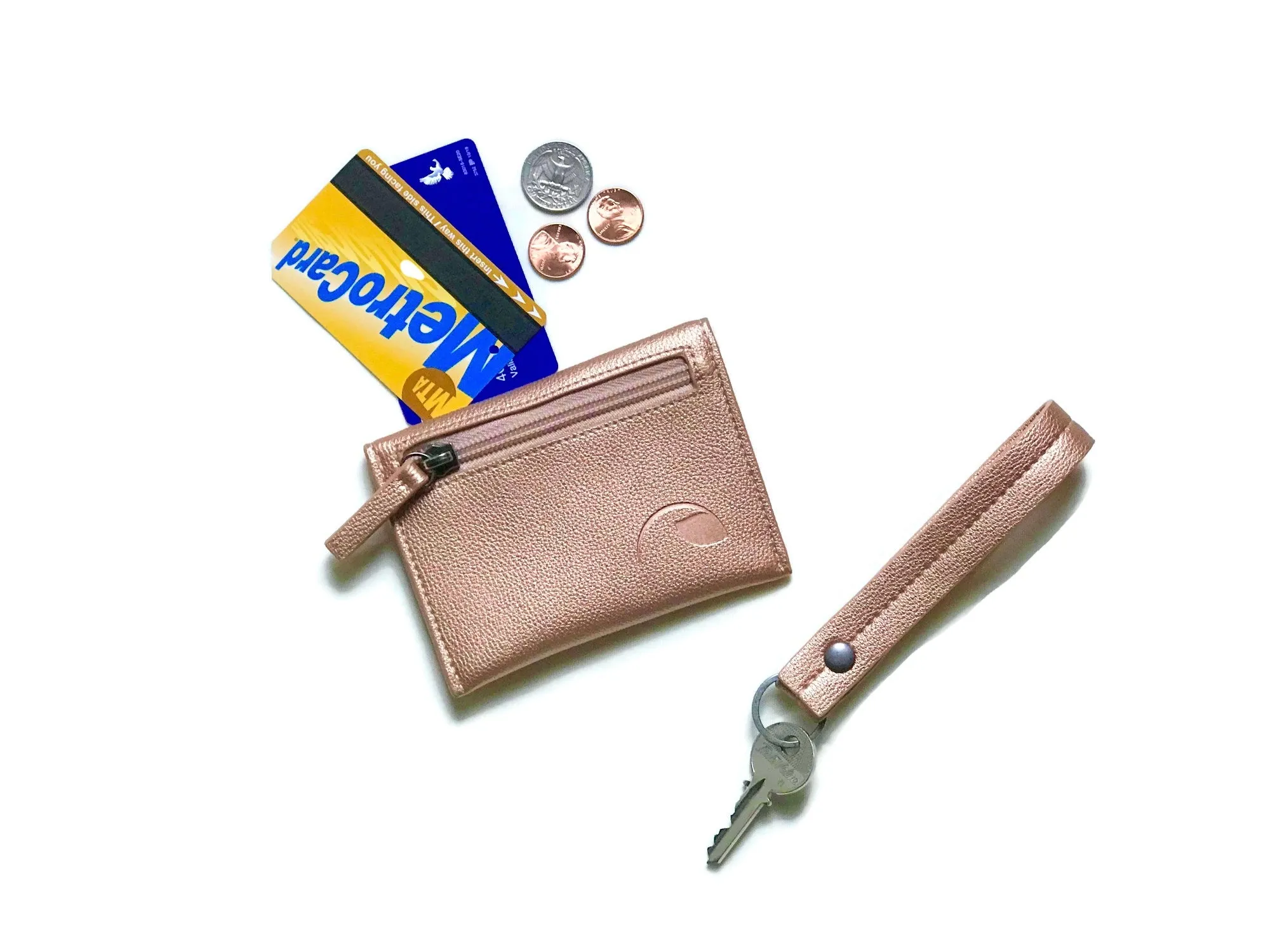 Chic Vegan Duo: Coin Wallet & Keychain Wristlet Gift Set (Minimalist, Eco-Friendly, Black & Rose Gold)