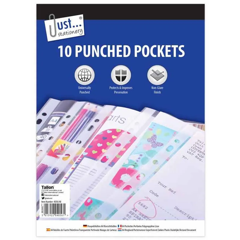 Clear Punched Pockets - 10 Pack Document Sleeves Folders Wallets Office Storage Non Glare