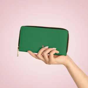 Dark Green Color Zipper Wallet, Solid Color Long Compact Designer Premium Quality Women's Wallet