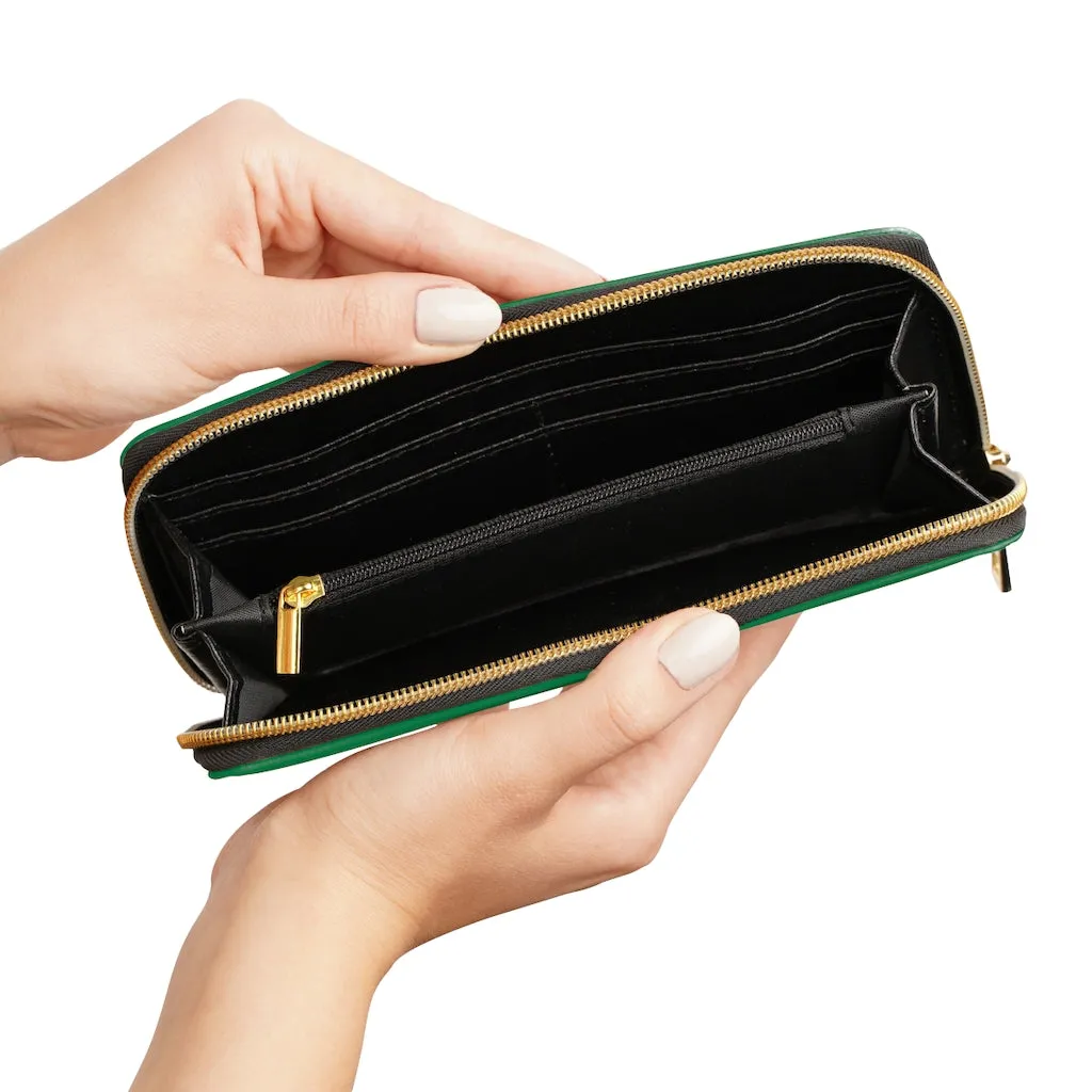 Dark Green Color Zipper Wallet, Solid Color Long Compact Designer Premium Quality Women's Wallet