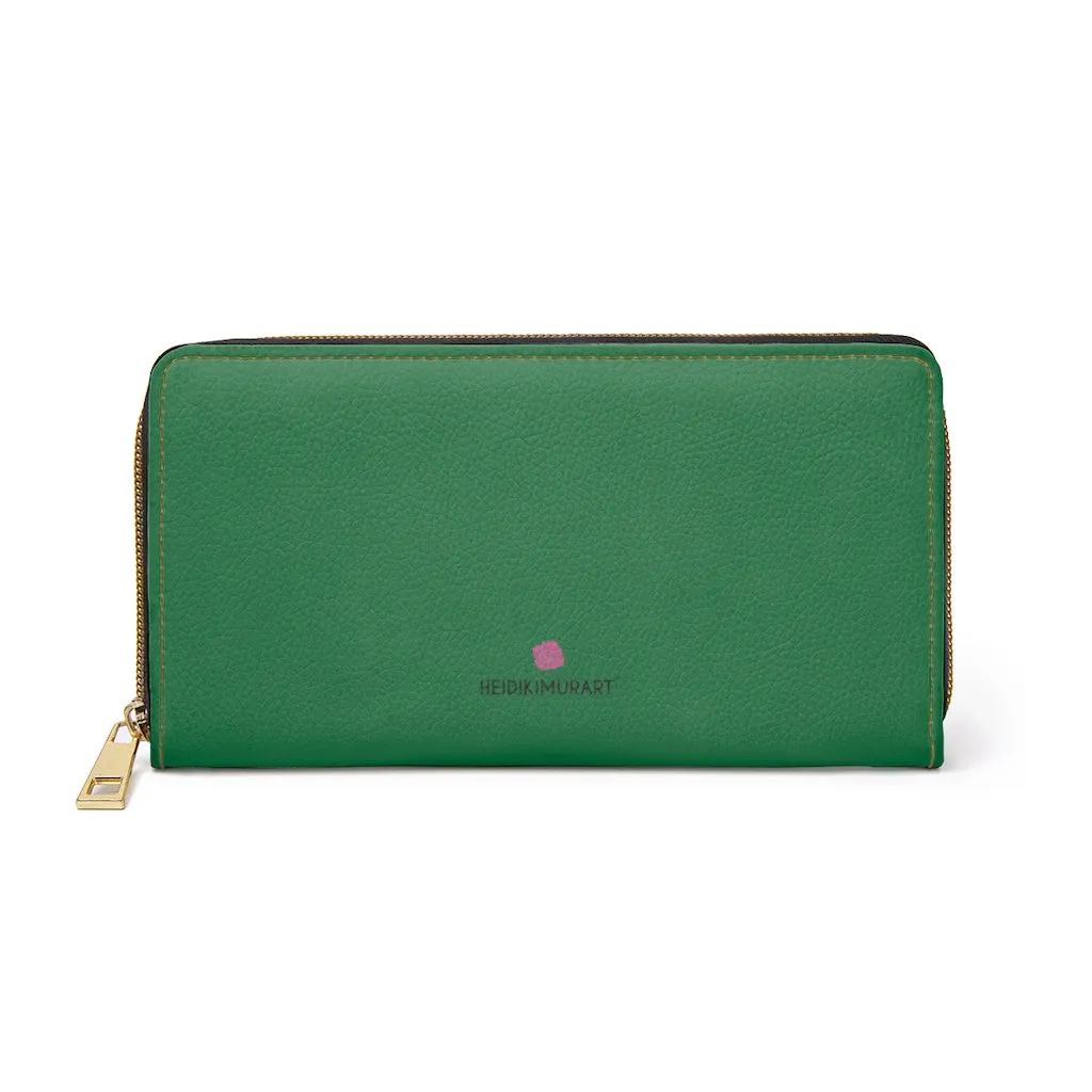 Dark Green Color Zipper Wallet, Solid Color Long Compact Designer Premium Quality Women's Wallet