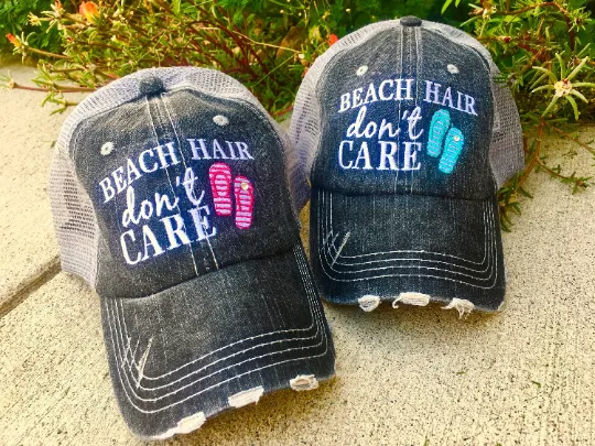 Hats { Lake hair don't care } { Happy Camper } { River hair don't care } { Beach hair don't care } { Tailgate hair don't care }