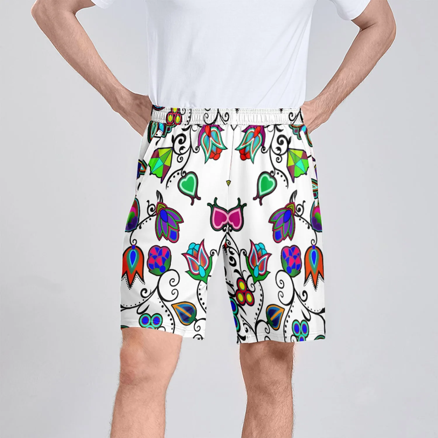 Indigenous Paisley White Athletic Shorts with Pockets