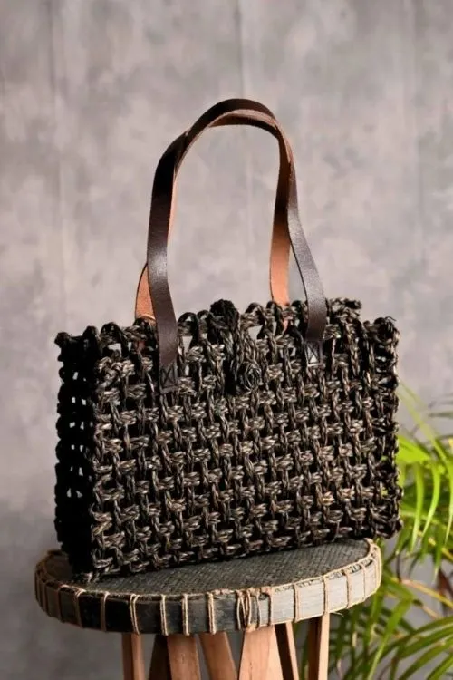 Kadam Haat Handmade Sabai Grass Mesh Bag - (Black)