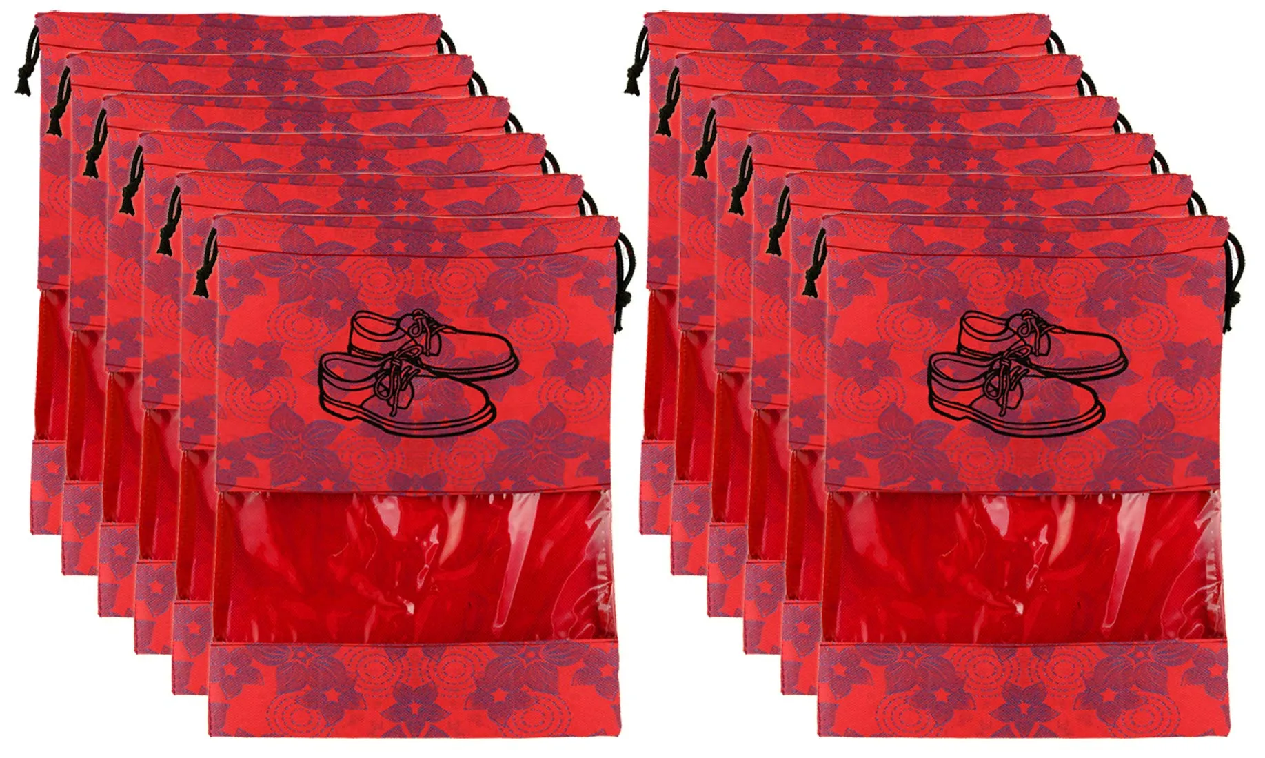 Kuber Industries Metalic Floral Design 12 Piece Non Woven Travel Shoe Cover, String Bag Organizer, Red -CTMTC039507