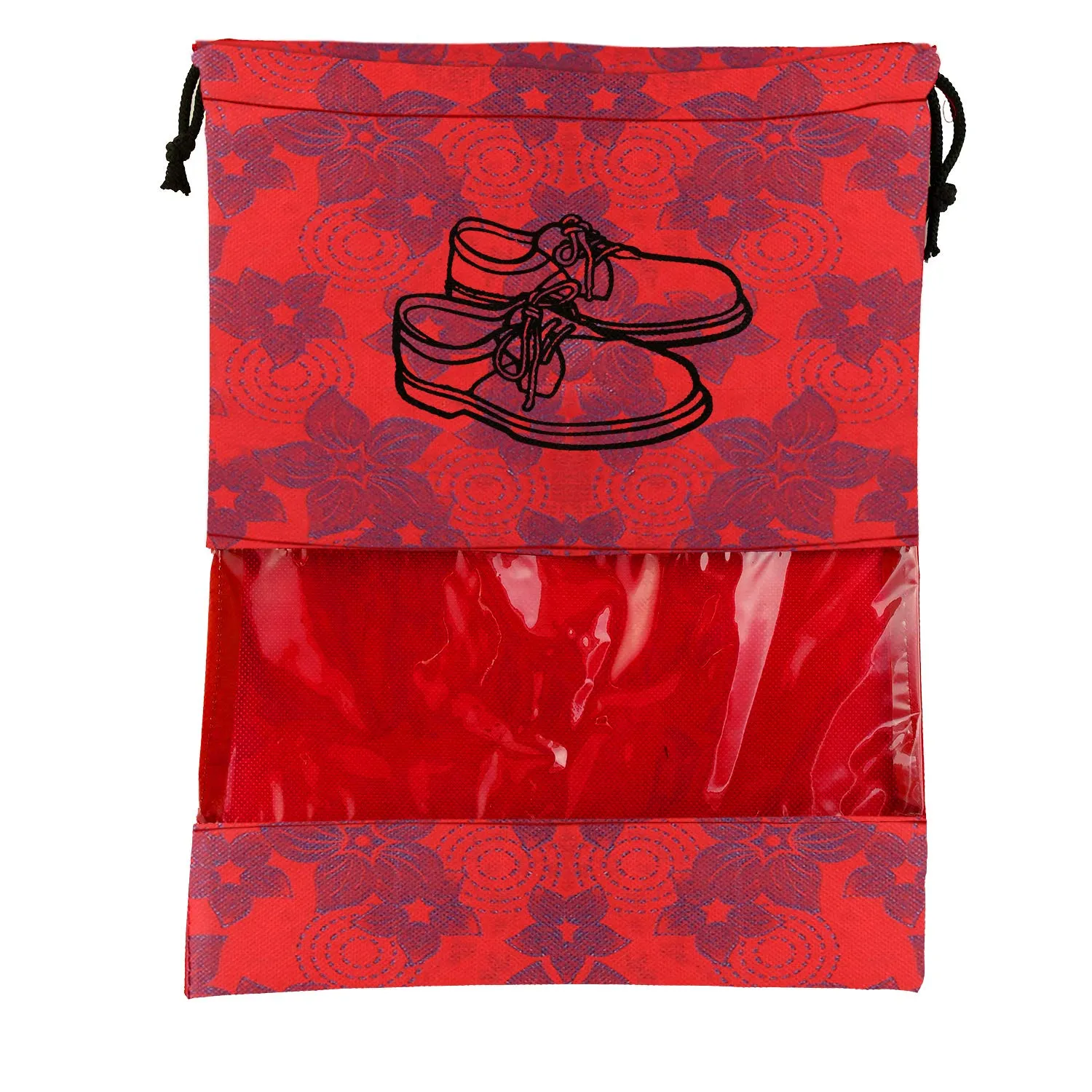 Kuber Industries Metalic Floral Design 12 Piece Non Woven Travel Shoe Cover, String Bag Organizer, Red -CTMTC039507