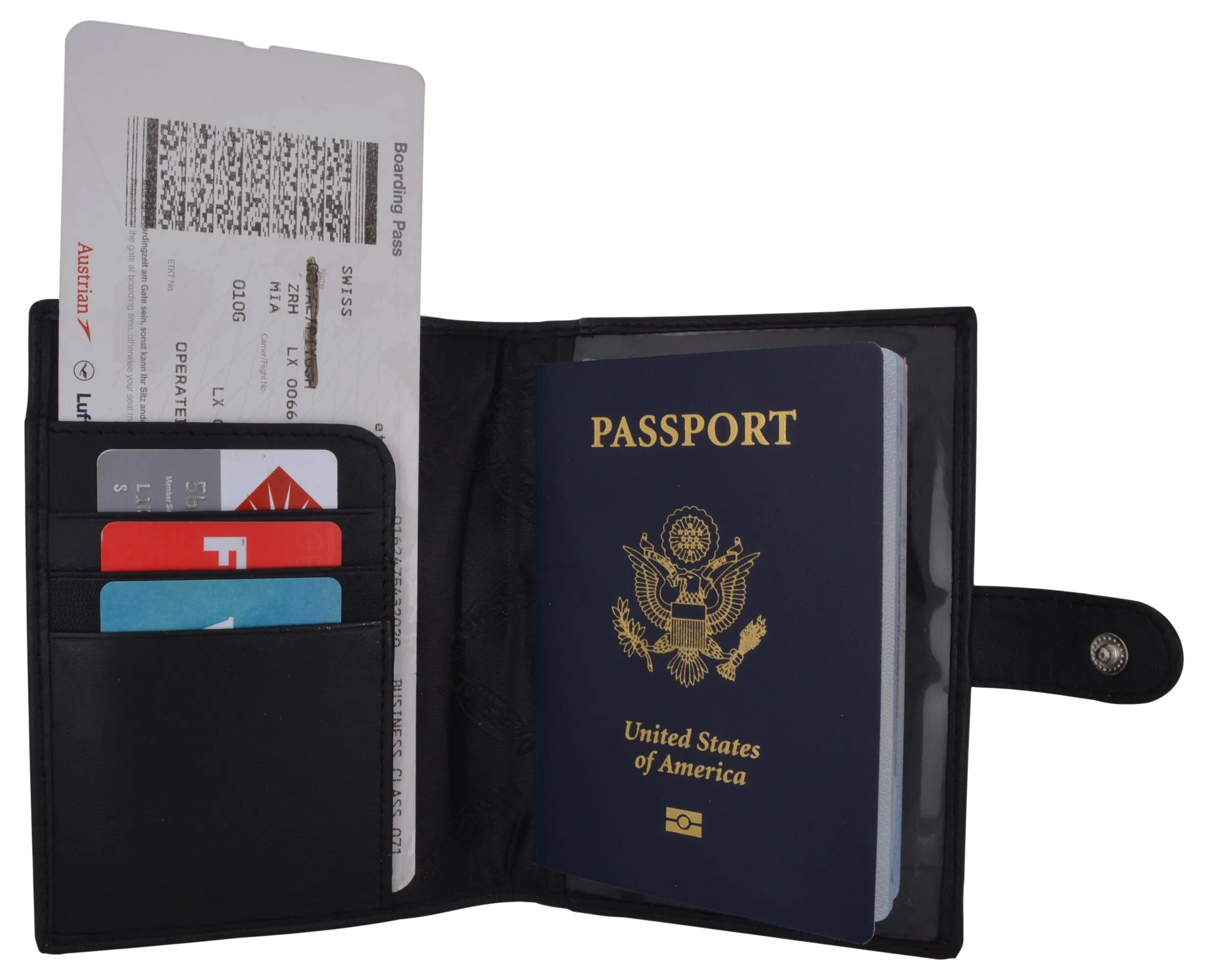 Leather Black Passport Holder Cover Case Wallet USA Embedded Logo Travel U.S Wallets for Men & Women