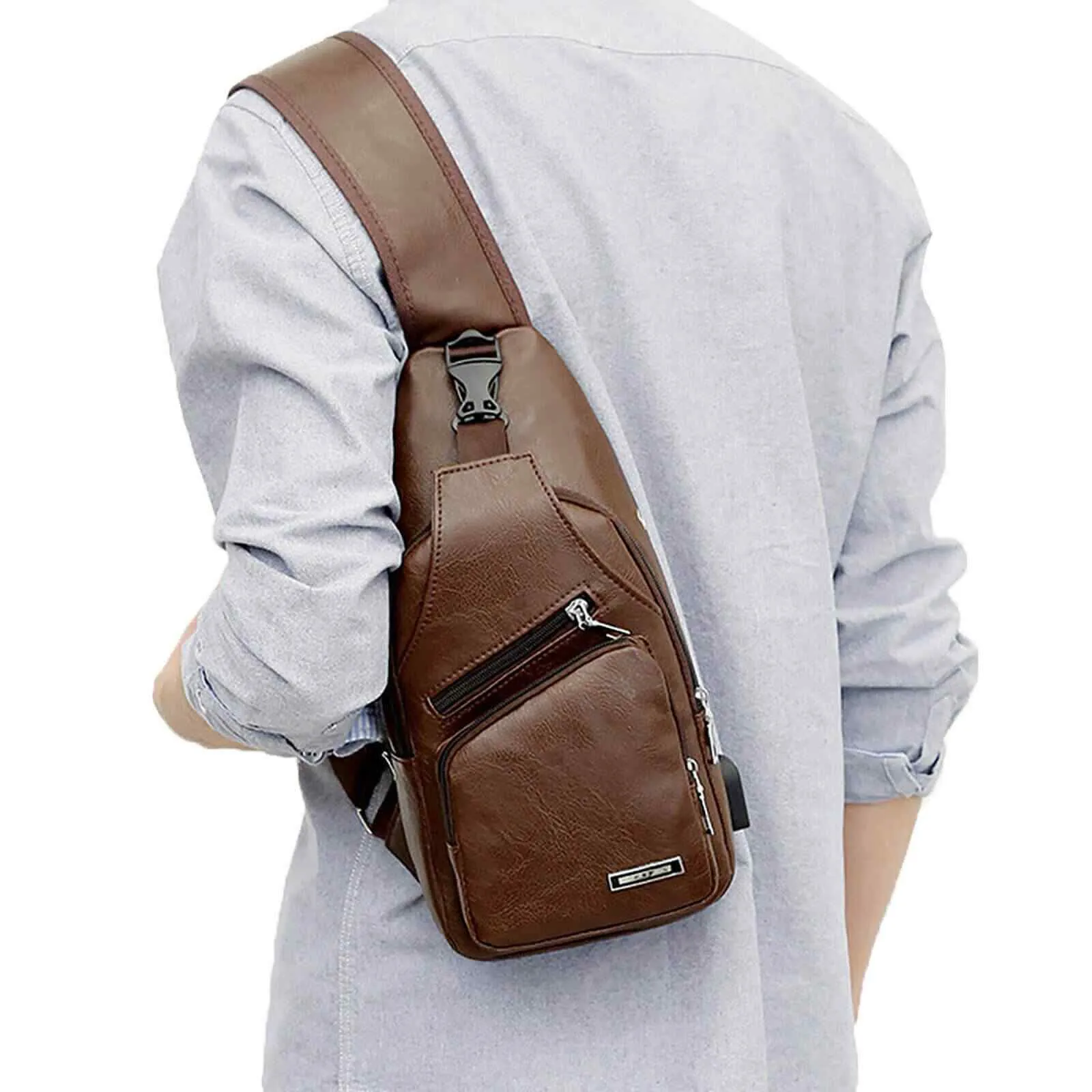 Leather Crossbody Sling Chest Bag w/ USB Charge Port