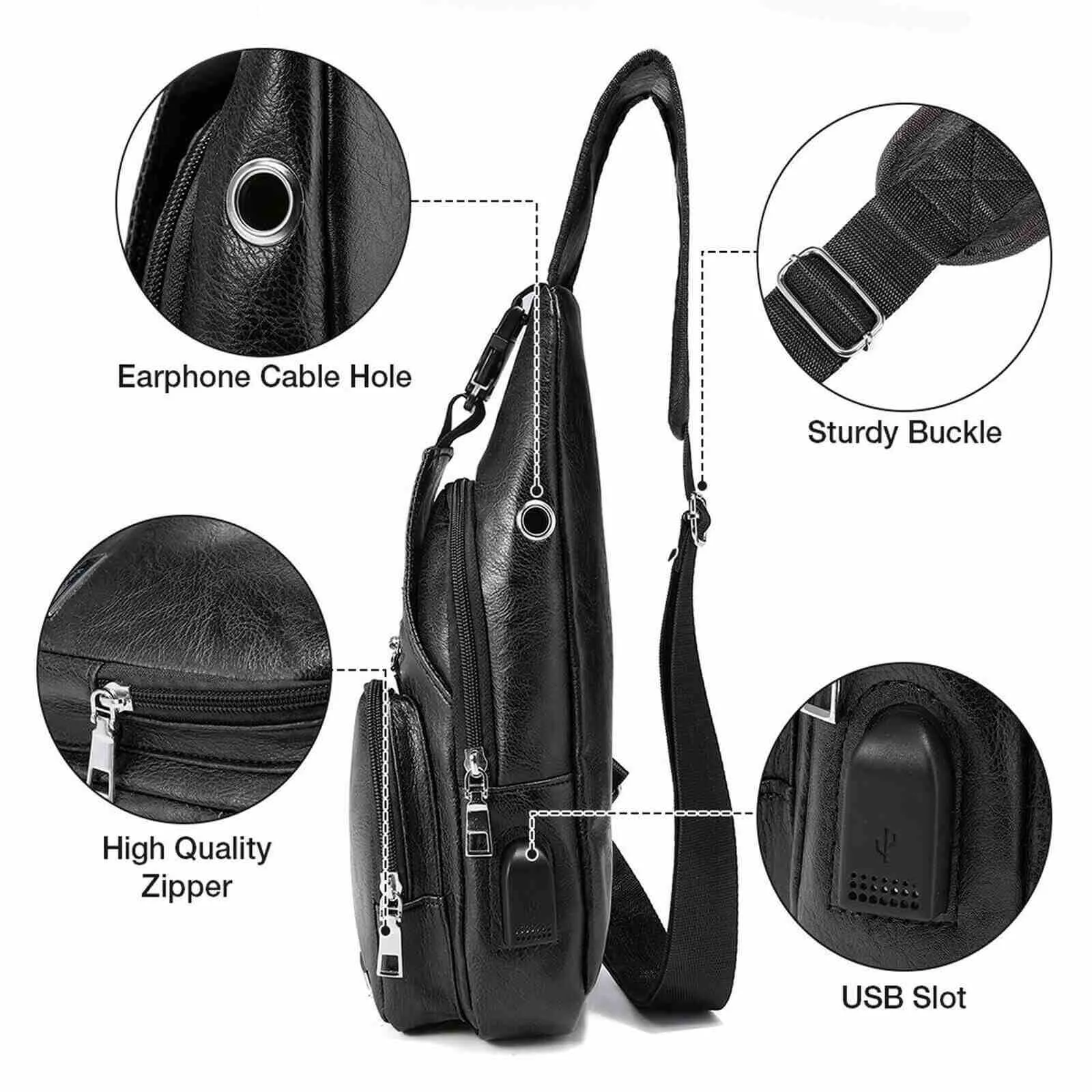 Leather Crossbody Sling Chest Bag w/ USB Charge Port