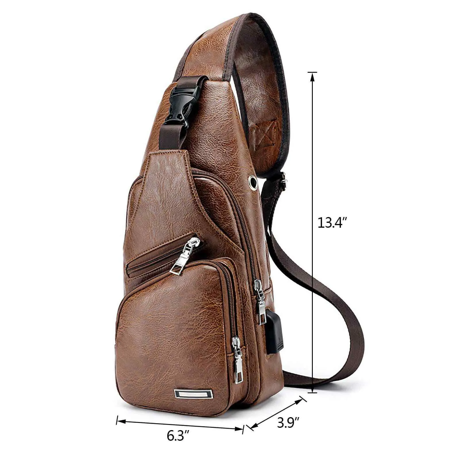 Leather Crossbody Sling Chest Bag w/ USB Charge Port