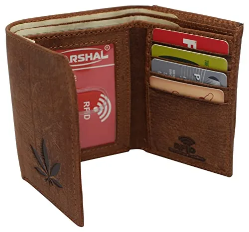 Marijuana Leaf Men's Real Leather RFID Blocking Trifold Wallet with Outside ID Window