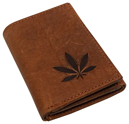 Marijuana Leaf Men's Real Leather RFID Blocking Trifold Wallet with Outside ID Window