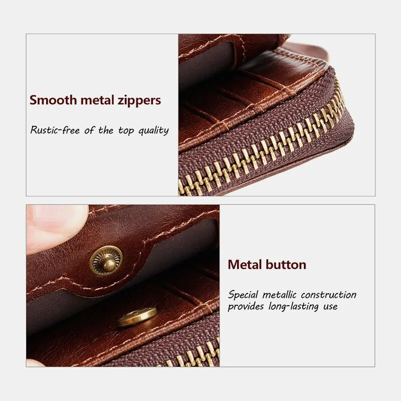 Men RFID Blocking Bifold First Layer Cowhide Wallets Minimalist Zipper Multi-card Slot Card Holder Coin Purse