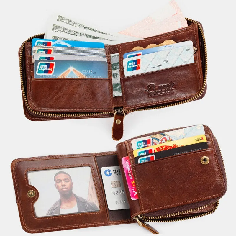 Men RFID Blocking Bifold First Layer Cowhide Wallets Minimalist Zipper Multi-card Slot Card Holder Coin Purse