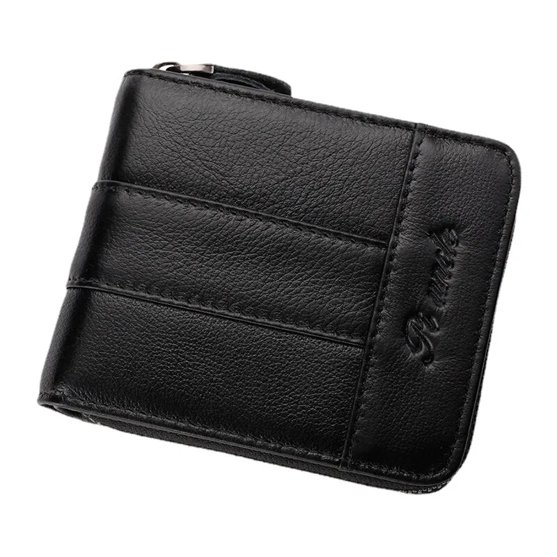 Men RFID Blocking Bifold First Layer Cowhide Wallets Minimalist Zipper Multi-card Slot Card Holder Coin Purse