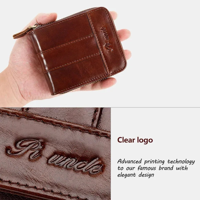 Men RFID Blocking Bifold First Layer Cowhide Wallets Minimalist Zipper Multi-card Slot Card Holder Coin Purse