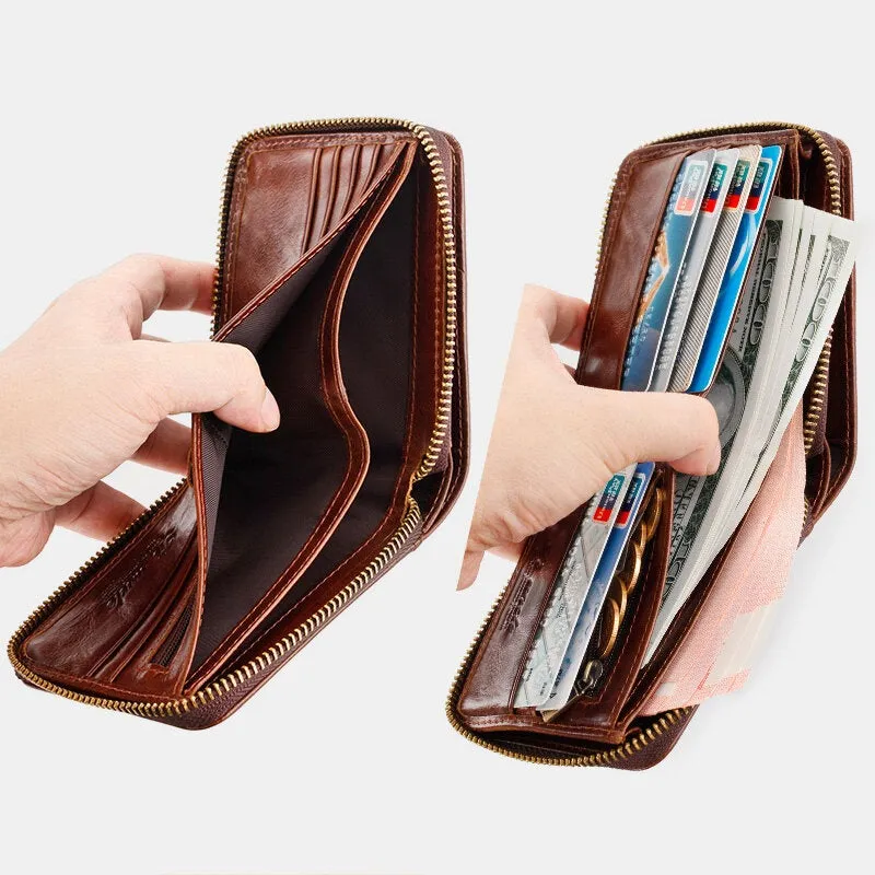 Men RFID Blocking Bifold First Layer Cowhide Wallets Minimalist Zipper Multi-card Slot Card Holder Coin Purse