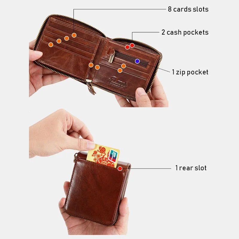 Men RFID Blocking Bifold First Layer Cowhide Wallets Minimalist Zipper Multi-card Slot Card Holder Coin Purse