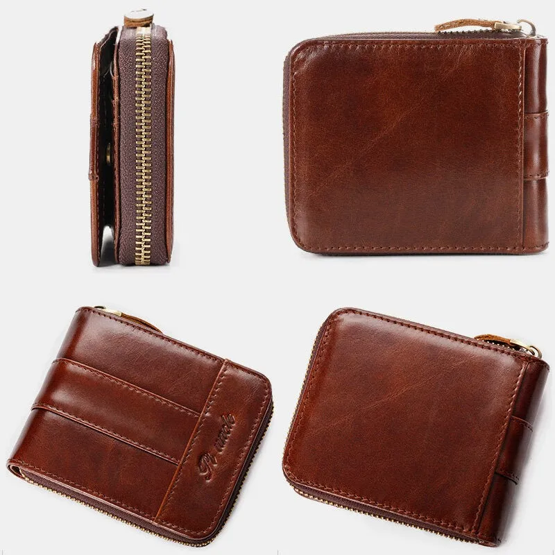 Men RFID Blocking Bifold First Layer Cowhide Wallets Minimalist Zipper Multi-card Slot Card Holder Coin Purse