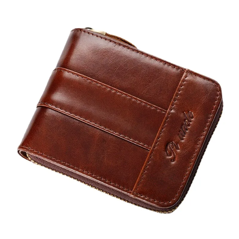 Men RFID Blocking Bifold First Layer Cowhide Wallets Minimalist Zipper Multi-card Slot Card Holder Coin Purse