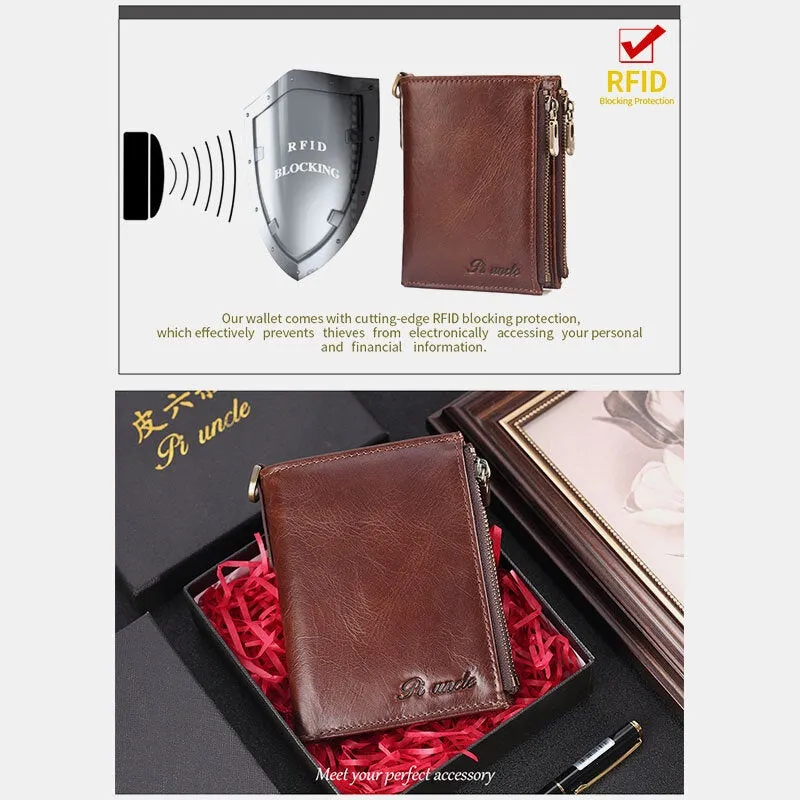 Men Short Bifold RFID Blocking Minimalist Wallet Retro Multi-card Slot Card Holder Cowhide Driver's License Wallet