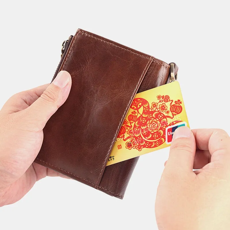 Men Short Bifold RFID Blocking Minimalist Wallet Retro Multi-card Slot Card Holder Cowhide Driver's License Wallet