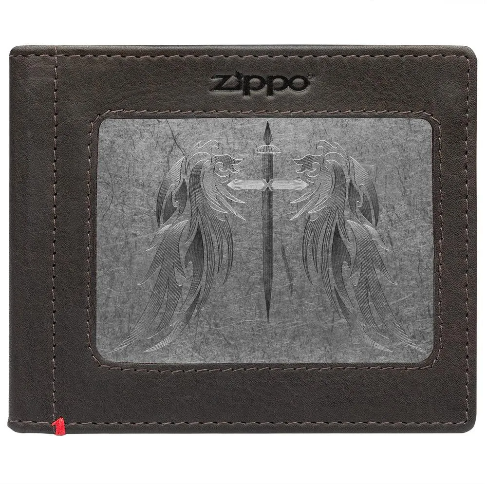 Mocha Leather Wallet- Cross Wings Metal Plate Design