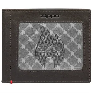 Mocha Leather Wallet- Zippo Flame Metal Plate Design