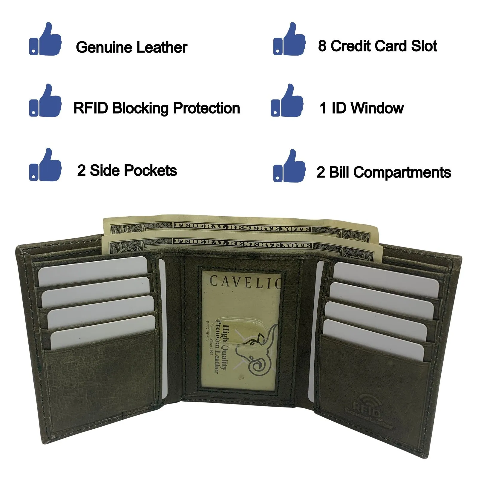 RFID Genuine Leather Slim Mens Trifold Wallet With ID Window Front Pocket USA Series Wallet Gift Box RFID55HU