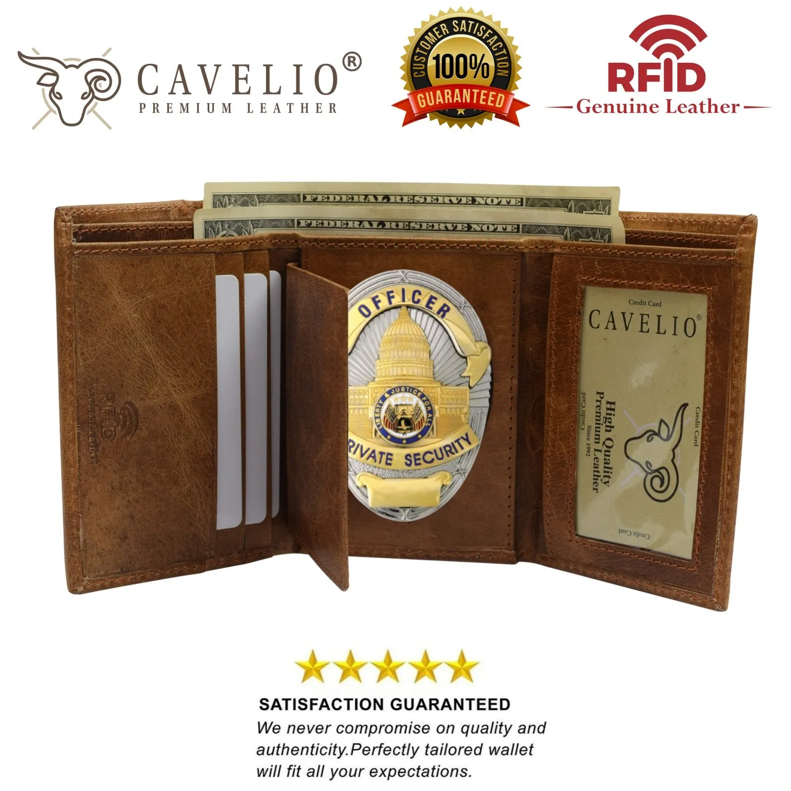 RFID Genuine Leather Trifold Badge Holder Wallet Police Badge Holder USA Series RFID2519HU