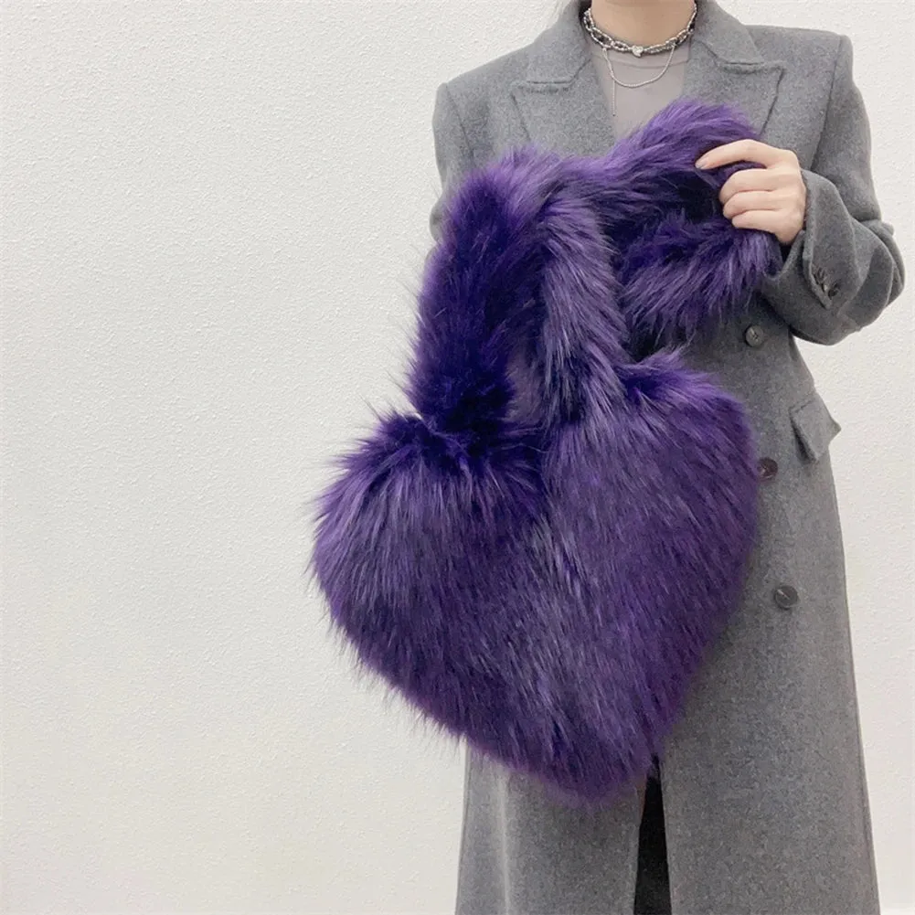 Sohiwoo Heart Shaped Faux Fur Shoulder Bag Fluffy Winter Women Handbags Cute Love Plush Crossbody Bags for Women Tote Lady Shopper