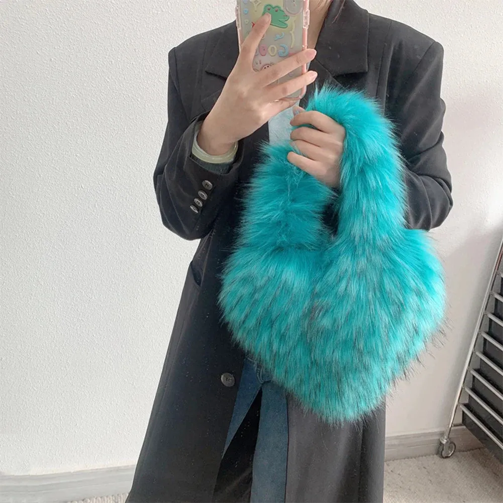 Sohiwoo Heart Shaped Faux Fur Shoulder Bag Fluffy Winter Women Handbags Cute Love Plush Crossbody Bags for Women Tote Lady Shopper