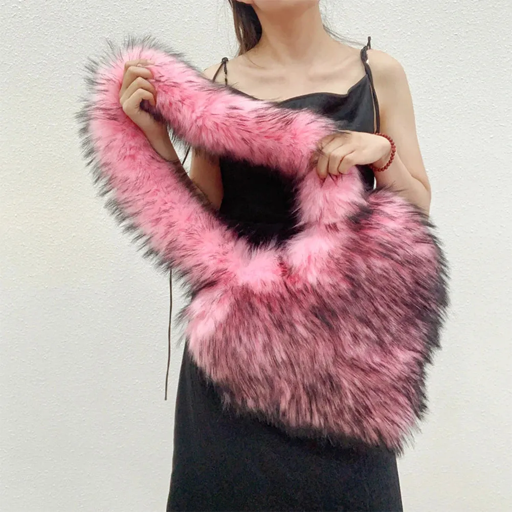 Sohiwoo Heart Shaped Faux Fur Shoulder Bag Fluffy Winter Women Handbags Cute Love Plush Crossbody Bags for Women Tote Lady Shopper