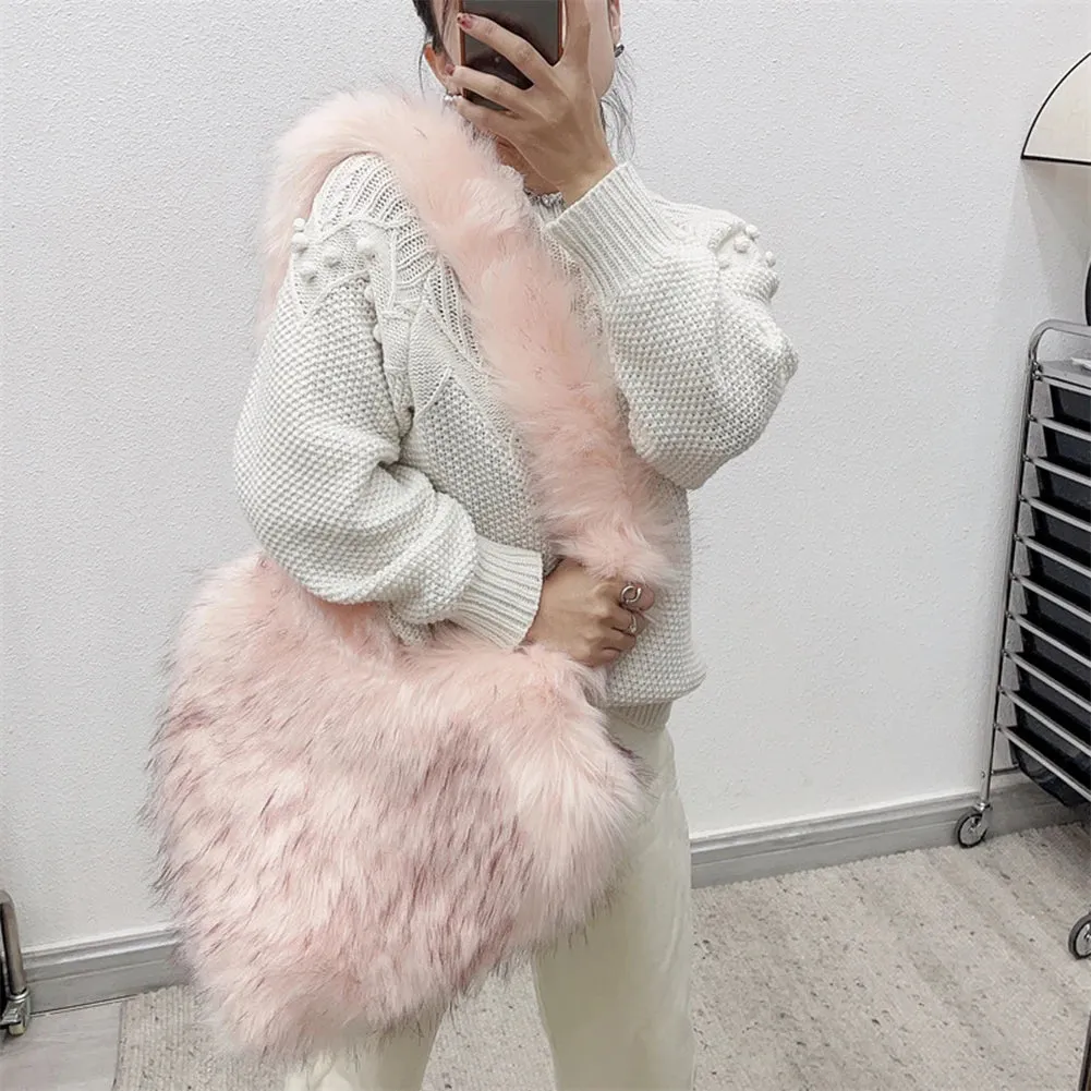 Sohiwoo Heart Shaped Faux Fur Shoulder Bag Fluffy Winter Women Handbags Cute Love Plush Crossbody Bags for Women Tote Lady Shopper